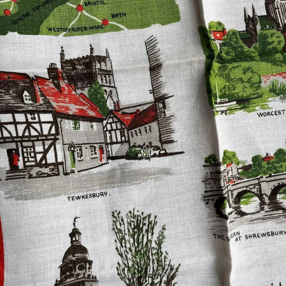 VTG Ulster Linen Tea Towel Severn Valley Map & Landmarks England 20x30